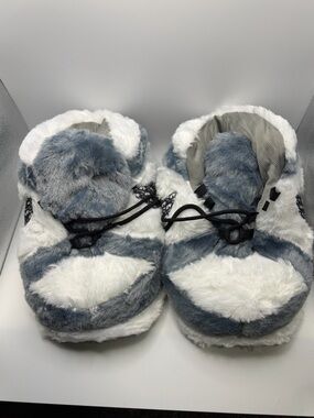 Tennis Shoe Plush Faux Fur Slippers in Gray and White